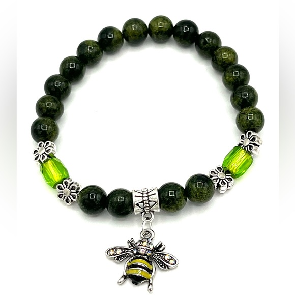 Hand Crafted Jewelry - HAND CRAFTED Green Quartzite Stretch Bracelet with Bee Charm